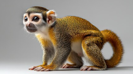  Adorable squirrel monkey standing on all fours, with a curious expression and its golden fur highlighted against a soft gray background, showcasing its small size.