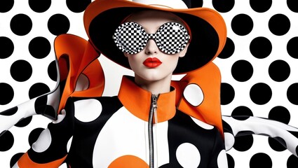 Wall Mural - A striking display of avant-garde fashion emerges with a model adorned in vibrant polka dots, contrasting colors, and oversized accessories, set against a dynamic patterned background