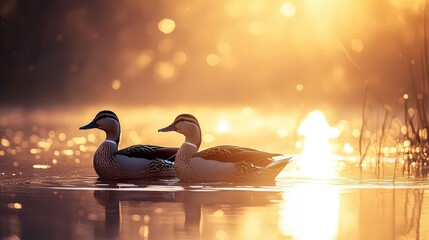  Two ducks swimming peacefully in golden light on a calm lake at sunset, creating a serene and picturesque moment in nature.