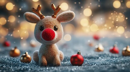  Adorable plush reindeer with glowing red nose, surrounded by sparkling Christmas ornaments. Brings festive cheer and holiday spirit.