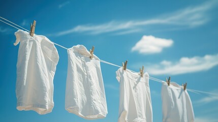 clean clothes hanging on washing line against a blue sky background. drying laundry. a laundry conce