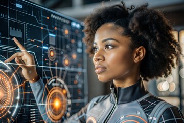 Woman using futuristic digital interface for advanced technology