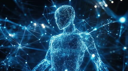 Poster - Futuristic Holographic Robot Connected to Glowing Network of AI Intelligence
