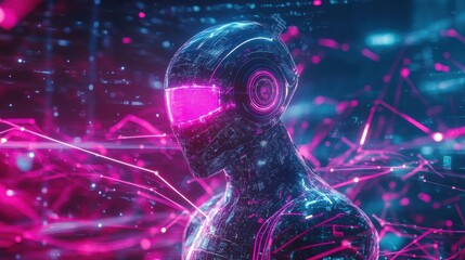 Poster - Connected Intelligence: Futuristic Holographic Robot in Digital Landscape