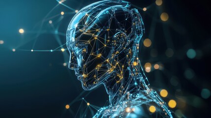 Poster - Futuristic Holographic Robot Connected to Glowing Network of Abstract Patterns