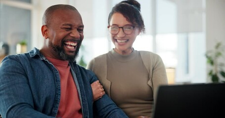 Laptop, surprise and happy couple celebrate winning lottery, betting success or loan application approval. African man, woman and excited for good news, victory or email for financial freedom in home
