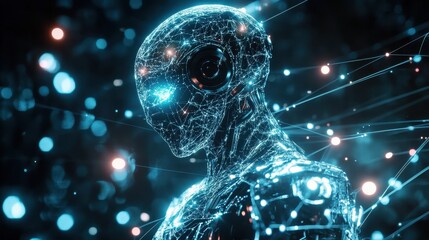 Poster - Futuristic Holographic Robot with Glowing Lines Entwining Ideas and Intelligence in Abstract Space