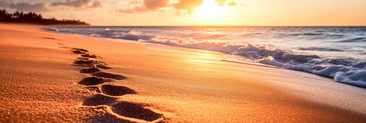 Golden sunlight bathes the shoreline as gentle waves lap against the sand, creating a serene atmosphere with footprints leading to the horizon