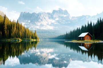 Wall Mural - A cozy cabin rests by the serene lake, reflecting the surrounding majestic mountains and lush evergreens, capturing the essence of peaceful wilderness