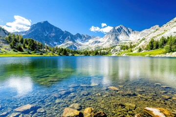 Wall Mural - Vivid reflections ripple across a serene mountain lake surrounded by lush greenery and towering peaks, capturing the tranquility of a sunny summer day