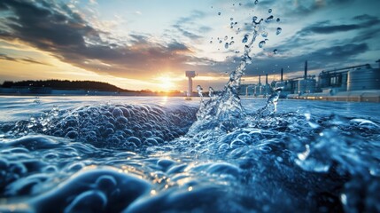 a hydrogen production facility operates against a vibrant sunset, showcasing water splashes and refl