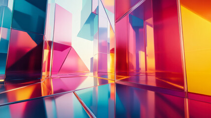 Poster - abstract geometric design featuring vibrant colors and translucent shapes in a futuristic setting du