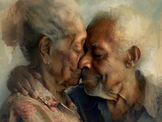 Sticker - Emotional Connection: Elderly Couple of Mixed Race