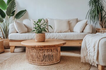 Sticker - A living room with a coffee table in the center and two potted plants on it, generative ai image