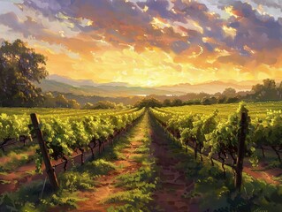 Canvas Print - Sunset Over Vinyard Rows