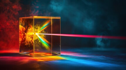 Poster - A laser beam passes through a transparent prism, refracting light into a spectrum of vibrant colors while smoke enhances the atmospheric effect in a dark setting