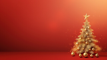 Christmas tree card template with red background. Xmas winter holidays card with fir and golden balls