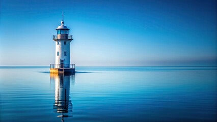 scenic, horizon, tranquility, blue, ocean, serene, minimalism, architecture, coastal, Blue and white wooden lighthouse standing gracefully on the calm sea exuding a minimalist charm