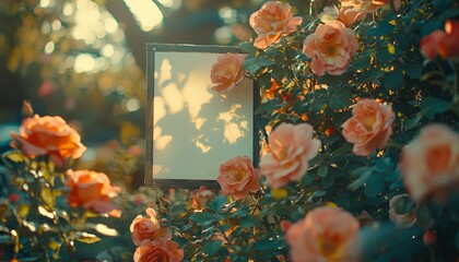 Sticker - Wooden Frame with Sunlit Roses in Bloom