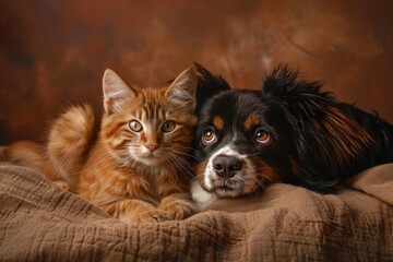 A cat and a dog are laying on a bed together, generative ai image