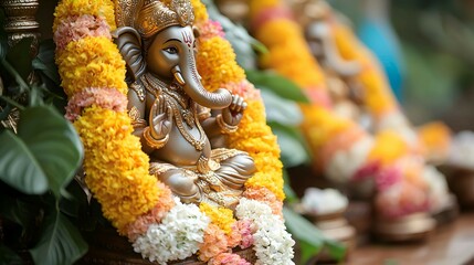 Wall Mural - Hindu God Ganesha Statue Decorated with Flowers