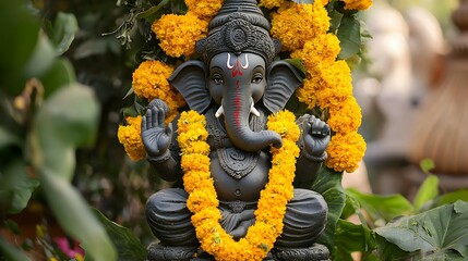 Lord Ganesha Statue Decorated with Marigold Flowers