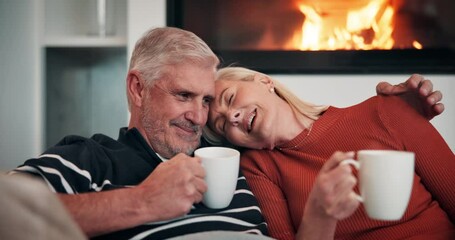 Sticker - Sofa, senior couple and coffee with hug for love, nostalgic memory and connection with security at home. Happy people, man and woman with tea beverage for bonding, conversation and healthy marriage