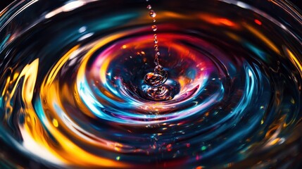 Poster - A magnetic stirrer blends colorful liquids in a glass container, generating dynamic circular patterns as it creates ripples and bubbles in the fluid