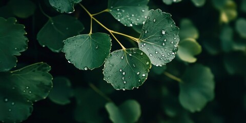 Poster - Green Leaves with Dew Drops in a Lush Forest Setting