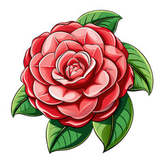 Sticker - Vibrant Camellia Flower With Green Leaves Illustration - Vibrant illustration featuring beautiful camellia flower in full bloom surrounded by lush green leaves, showcasing nature's elegance and color.