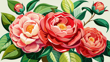 Wall Mural - Vibrant Camellia Flower With Green Leaves Illustration - Vibrant illustration featuring beautiful camellia flower in full bloom surrounded by lush green leaves, showcasing nature's elegance and color.