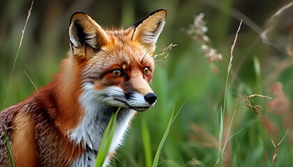 Vibrant red fox camouflaged in lush green grass