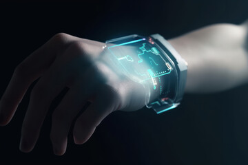 Close-up image of human hand with futuristic holographic wrist watch