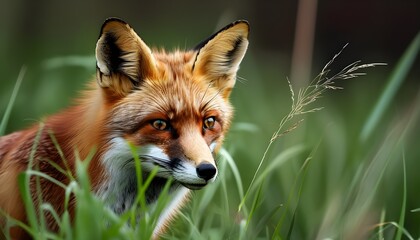 Vibrant red fox camouflaged in lush green grass