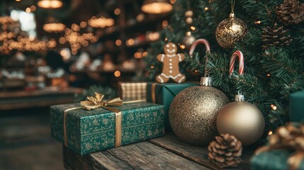 Poster -   A Christmas tree with gifts beneath and a gingerbread man ornament atop