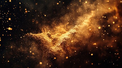 Poster - A captivating reaction unfolds as metallic powder interacts with light, creating a mesmerizing swirl of golden particles in a dark studio atmosphere