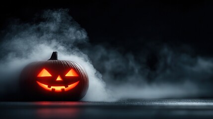 Wall Mural -   A Jack O'Lantern pumpkin glows in the dark, emitting smoke from its mouth against a black backdrop