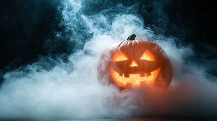 Wall Mural -  A Jack-o'-Lantern emits smoke from its mouth while a glowing Jack-o'-Lantern sits amidst the mist