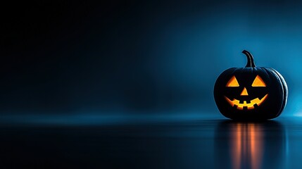 Wall Mural -   A jack-o-lantern pumpkin is illuminated by the light within it, casting a reflection onto the floor in front