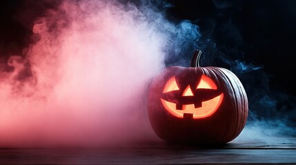 Wall Mural -   A jack-o'-lantern sculpture rests atop a table, surrounded by a hazy cloud and a dark backdrop