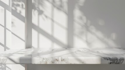 Canvas Print - Marble table casting window shadow on white wall for product mockup display