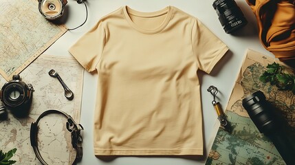 Beige T Shirt Mockup with Travel Accessories and Vintage Maps