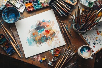 A flat lay of an artist desk with paintbrushes, watercolor palettes, sketches, and a cup of coffee 