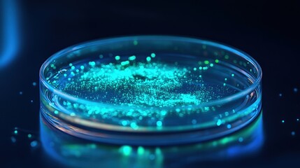 Poster - the petri dish showcases vibrant, glowing microorganisms illuminated by neon blue light, set against