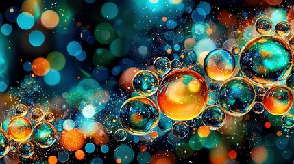 Poster -   A group of multicolored bubbles drifting on a blue and orange backdrop with numerous bubbles above them