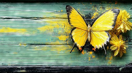 Wall Mural -   A butterfly perched atop a wooden board with adjacent yellow blossoms