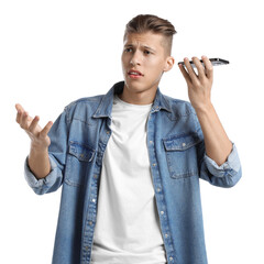 Poster - Young man with smartphone listening to voice message on white background