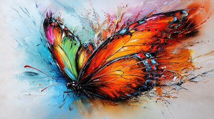 Poster -   A painting of a multicolored butterfly on a pastel background