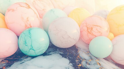 Wall Mural -   A cluster of pastel-colored marbled eggs resting on a marbled background