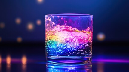 Poster - A vibrant display of color emerges as a photochemical reaction occurs in a glass vessel, producing bubbles and an array of dazzling hues in low light